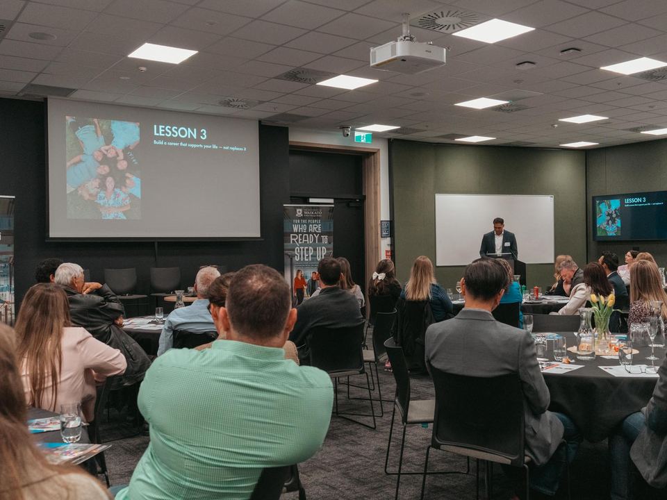 Wide view of the audience during AJ Tuhoro's keynote